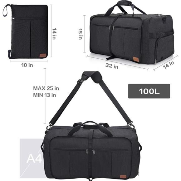 100L Travel Duffle Bag Large Weekender Gym Bag Foldable Waterproof Carry On - Picture 3 of 7